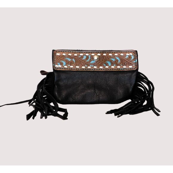 Leather Fringe Wallet Small Clutch Purse Western Black Brown Blue Snap - Picture 1 of 7